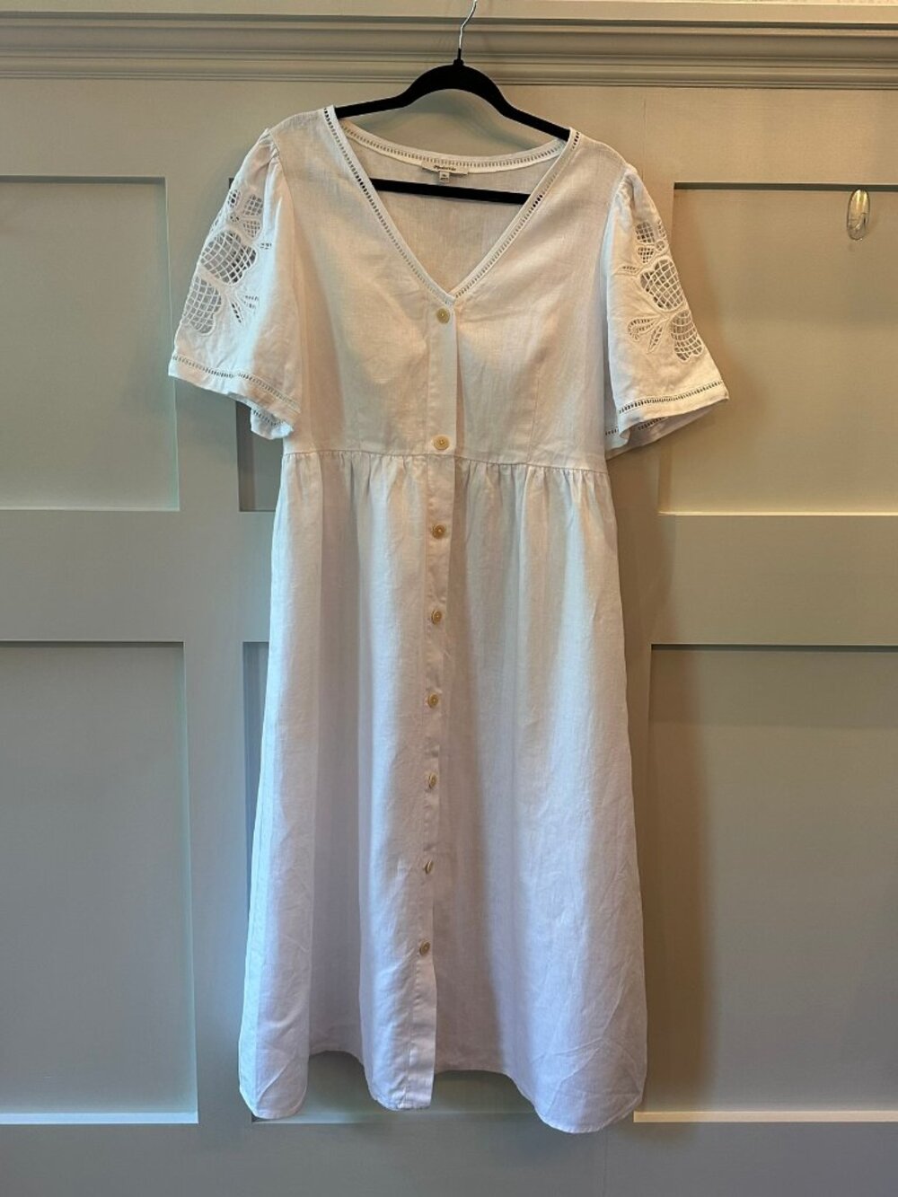 🤍 Madewell White Linen Midi Dress M 🌿 Cottagecore Embroidered Sleeve Boho - Picture 2 of 13